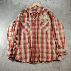 Empra Shirt‎ Mens 2XL Brown Plaid Pearl Snap Long Sleeve Graphic Angel Wings